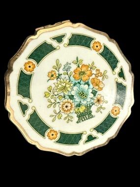 Vintage Stratton Green Floral Bouquet Enamel Powder Compact